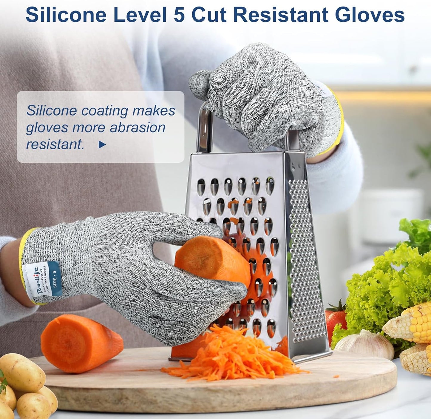 Dowellife Level 5 Cut Resistant Gloves with Silicone Coating, Food Grade Kitchen Knife Safety Gloves, Work Gloves for Chef, Mandoline Oyster Shucking Meat Cutting Wood Carving (Gray X-Large), Grey