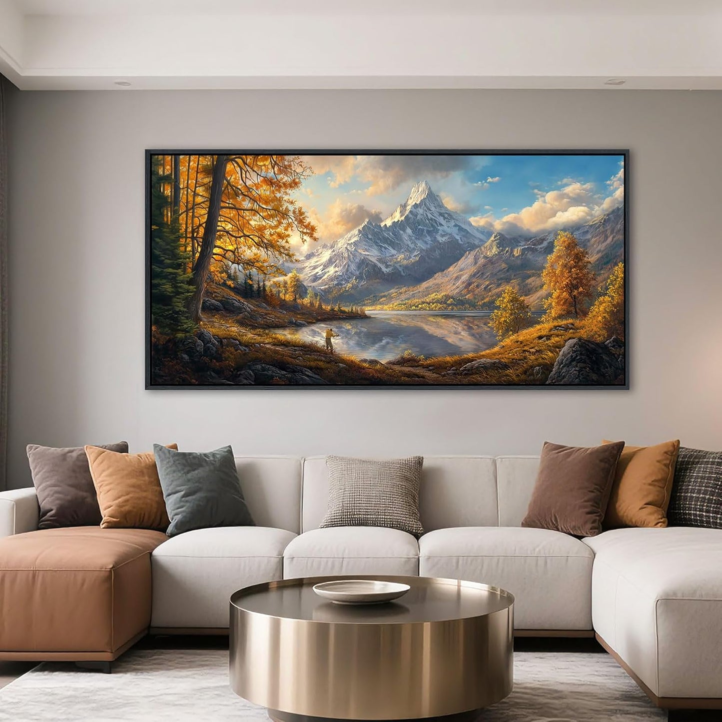 YCPRIMER Fall Canvas Wall Art - Large Mountain Lake Paintings Wall Decor, Panoramic Artwork for Walls, Pictures for Living Room Bedroom Dining Room, Ready to Hang, 24Lx48W