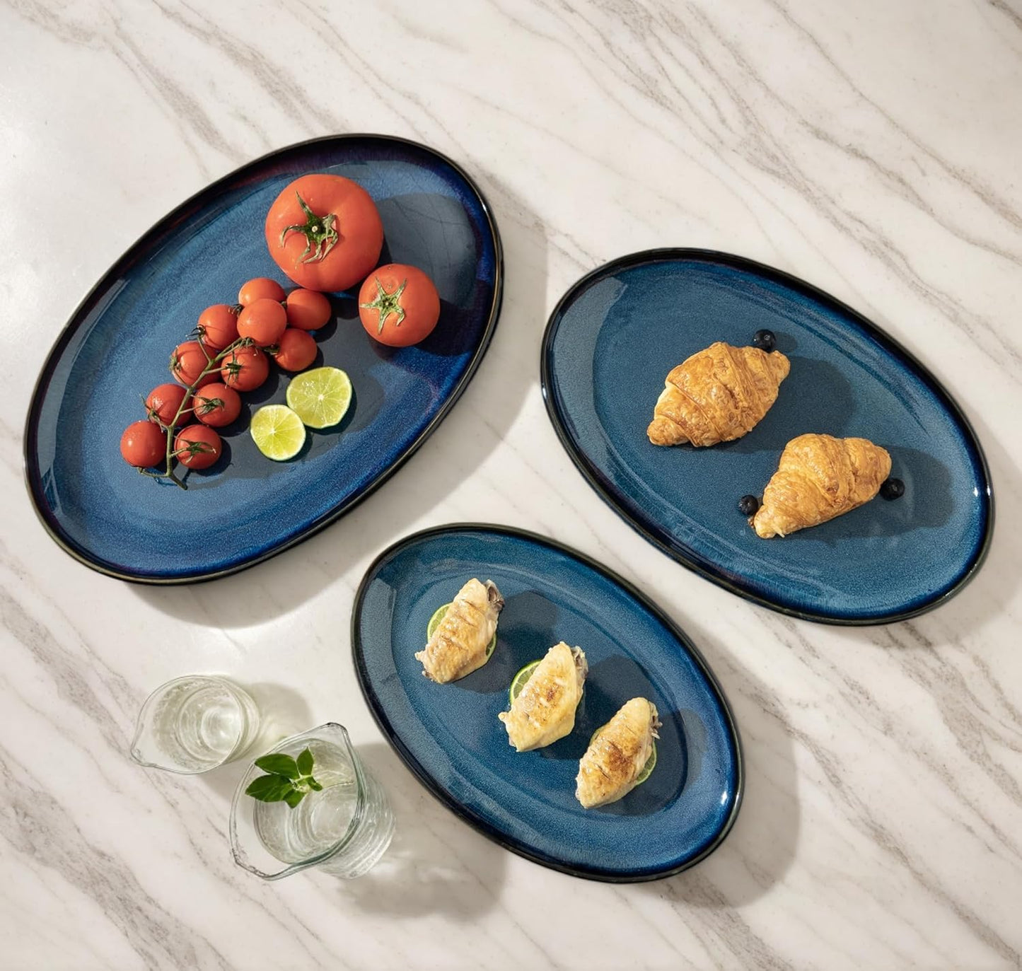 Ceramic Large Serving Platters- Set of 3 Oval Platters for Entertaining. Modern Kitchen Dishes for Dinner, Fruit, Salad, Turkey, etc. Oven, Dishwasher Safe, 15.75" / 13.75" /12",Royal Blue