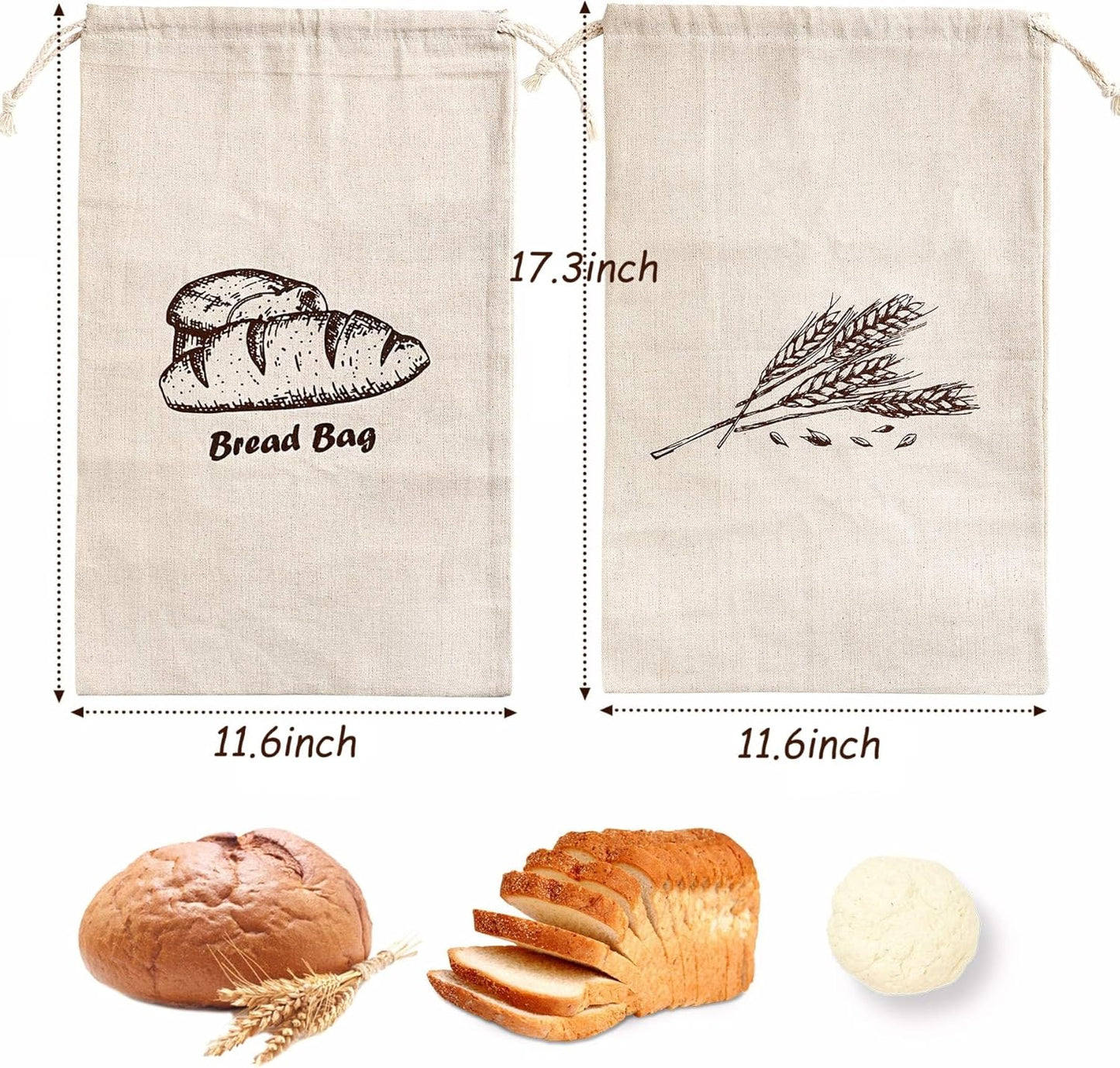 Bread Bags, 2-Packs Linen Bun Bags for Homemade Container, 17.3×11.6 Inches Unbleached&Reusable Loaf&Baguette Storage,Natural Large Storage for Artisan Roll,With 2 pieces Bread Clips