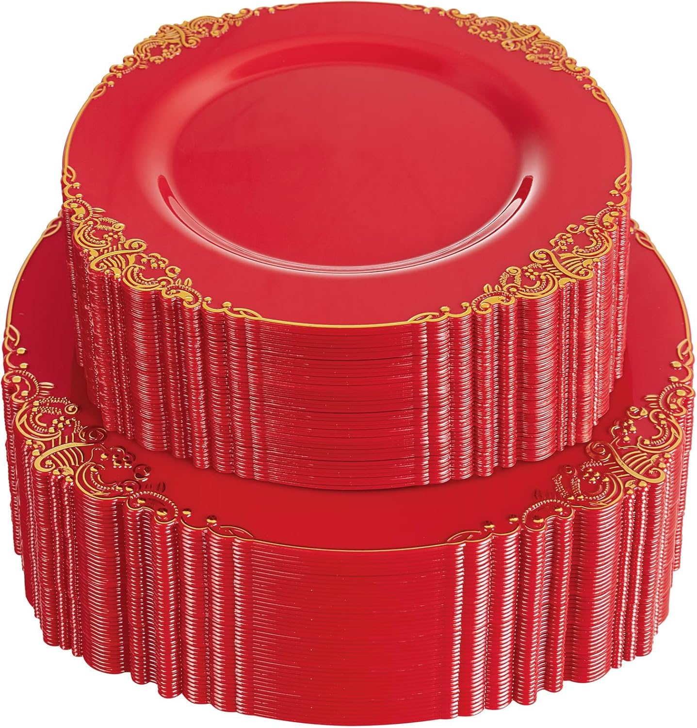 102PCS Red and Gold Plastic Plates - Red Plates Disposable - Vintage Plastic Plate with Gold Rim Include 51PCS Dessert & 51PCS Dinner Plate Perfect for & Weddings & Christmas Parties