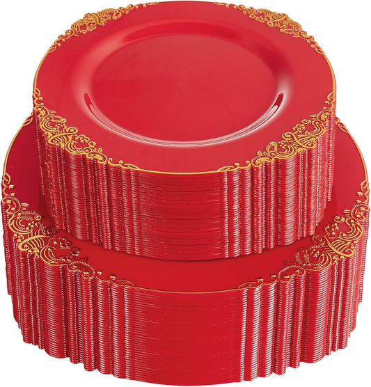 102PCS Red and Gold Plastic Plates - Red Plates Disposable - Vintage Plastic Plate with Gold Rim Include 51PCS Dessert & 51PCS Dinner Plate Perfect for & Weddings & Christmas Parties