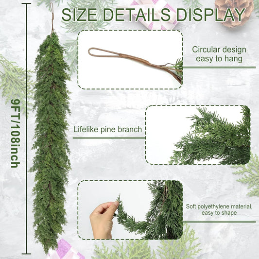 Artgar 9 Ft Christmas Cedar Garland - Realistic Greenery Cypress Garlands - Real Touch Artificial Pine Garland Christmas Decorations for Outdoor Home Dining Table Mantel Stair Porch Winter Xmas Decor
