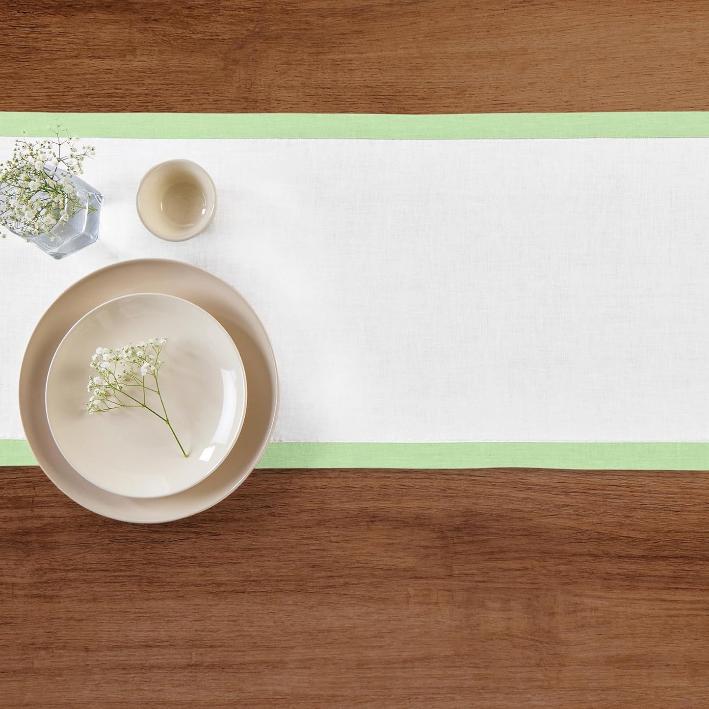 Solino Home Linen Table Runner 60 Inches - 100% Pure Linen Pastel Green and White Short Table Runner 14 x 60 Inch Ideal for Dresser and Coffee Tables - Fall, Autumn, Thanksgiving, Christmas - Classic