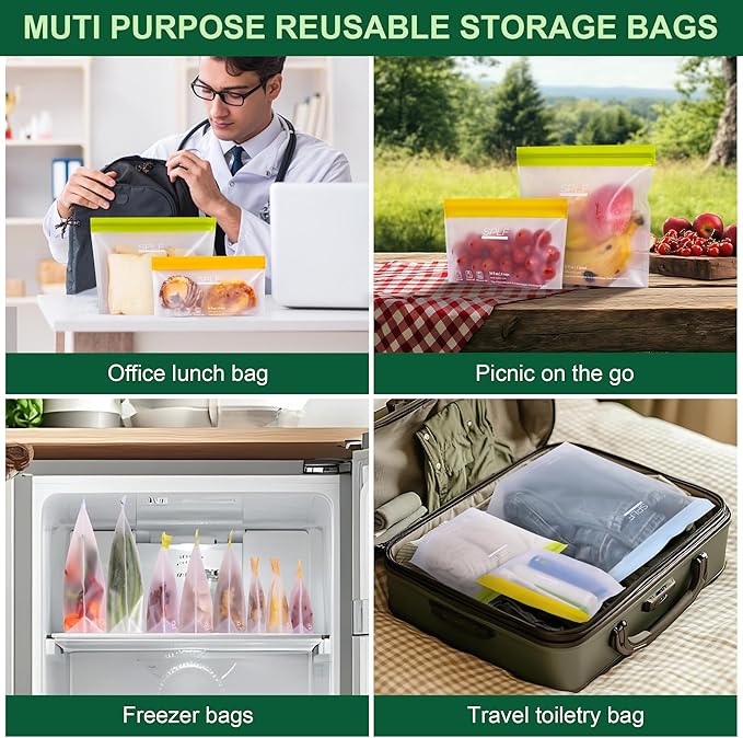SPLF 10 Pack Stand-Up Reusable Quart Freezer Bags Dishwasher Safe, Extra Thick Leakproof 1 Quart Food Storage Bags, BPA Free Bags for Meal Prep, Sandwich, Snack, Fridge Organization