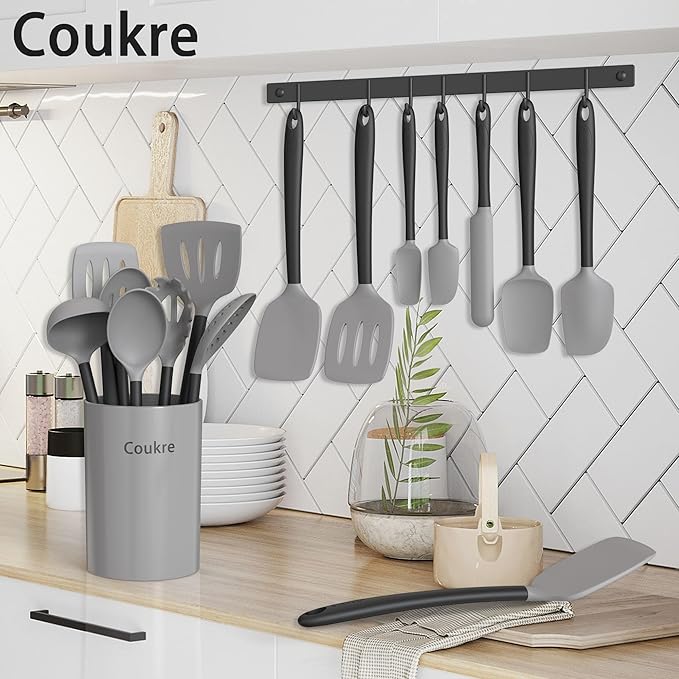 Coukre Silicone Kitchen Cooking Utensils Set with Holder – Heat-Resistant, Food-Grade Kitchen Tools, Spatula, Spoon & Gadgets for Non-Stick Pans, Dishwasher Safe (14, Gray)