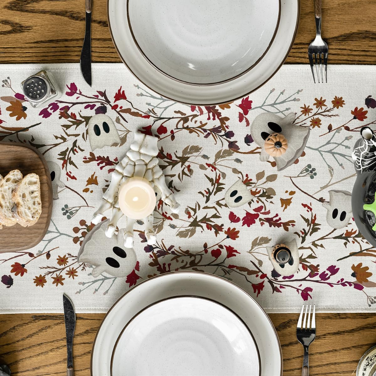 Artoid Mode Ghost Flowers Leaves 210 GSM Halloween Table Runner,Seasonal Fall Kitchen Dining Table Decoration for Home Party Decor 13x36 Inch