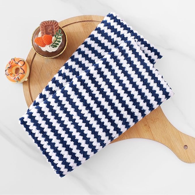 Homaxy Kitchen Towels(12 Pack, 10 x 20 inches), Ultra Soft and Absorbent Dish Towels, Reusable Fast Drying Microfiber Cleaning Cloth, Coral Velvet Wave Design No-lint, Navy Blue