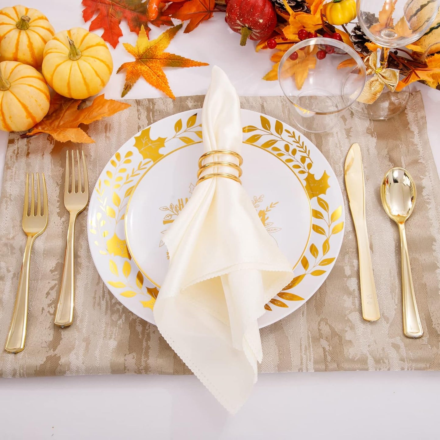 Ciaell 125PCS Thanksgiving Plastic Plate - White and Gold Plastic Plate & Gold Disposed Silverware include 25 Pumpkin Plates, 25 Fall Plates, 25Knives, 25Forks, 25Spoons for Thanksgiving & Party