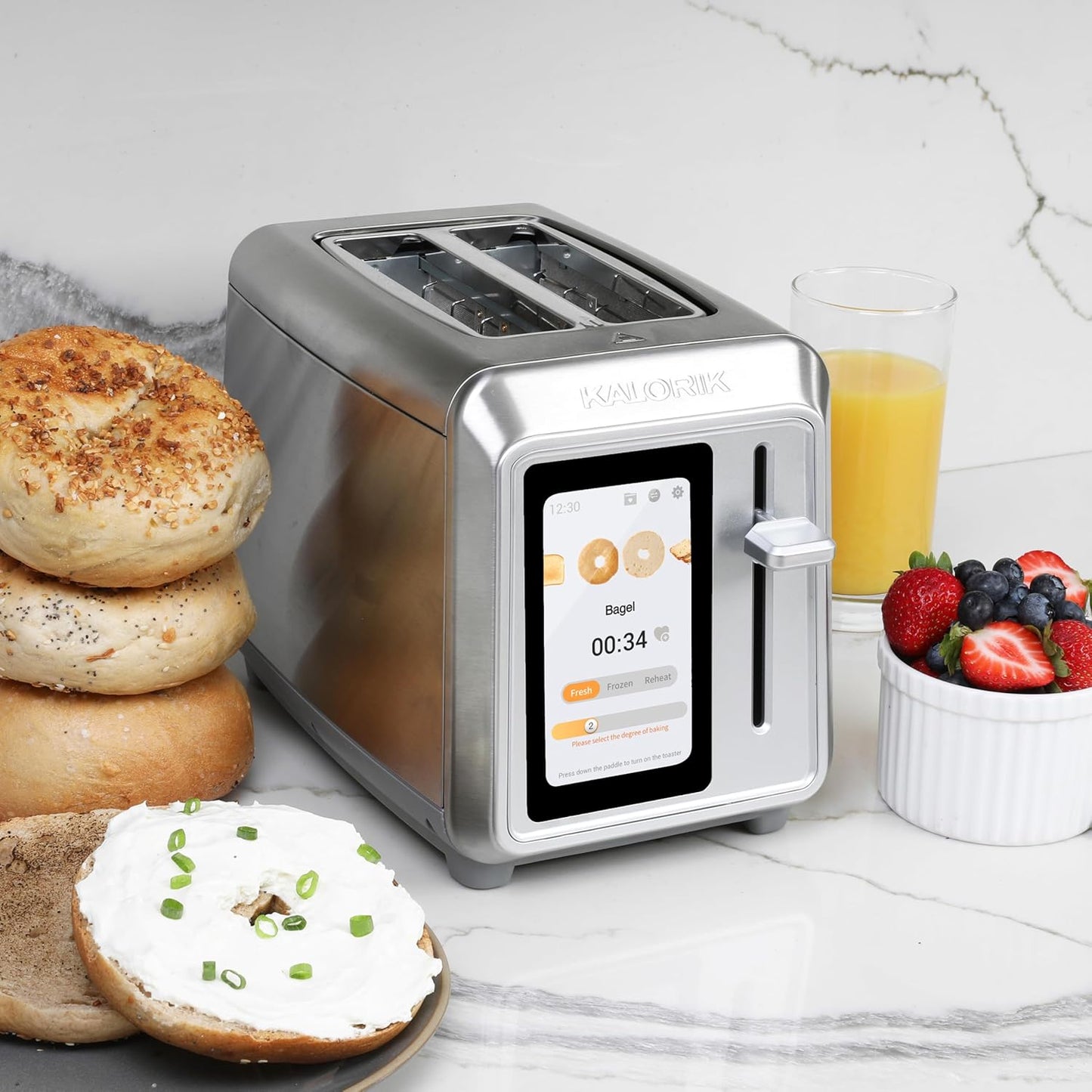 Kalorik Toaster VIVID TOUCH Series 2-Slice with Large High-Resolution Touchscreen and Customizable Cooking Presets by Bread Type, Features Wide Slots and High Lift Lever, 1000-Watts, Stainless Steel