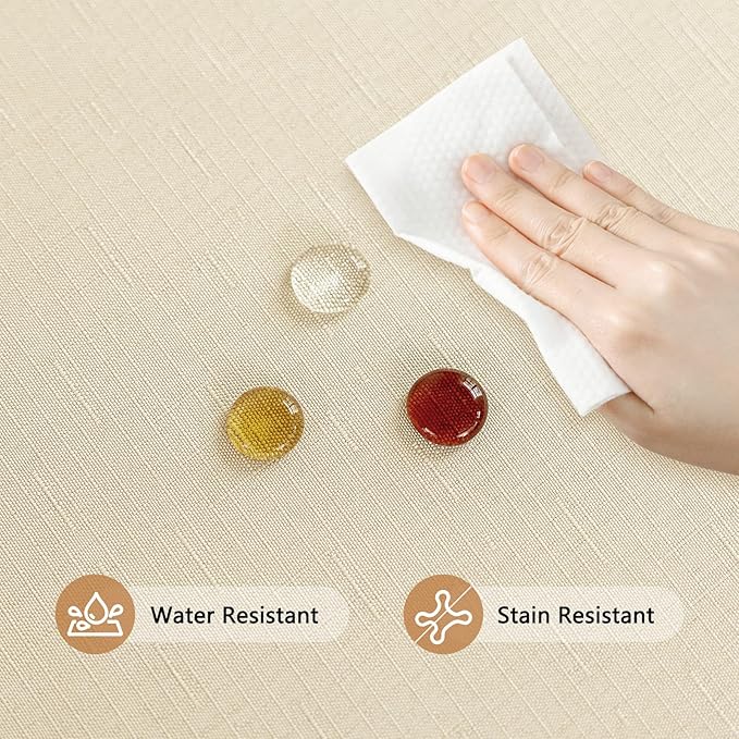 Fabric 60 Inch Round Table Cloth, Faux Linen Textured Water Resistant & Wipeable Circle Tablecloth, Anti-Scratch for Dinning Kitchen Party, Beige