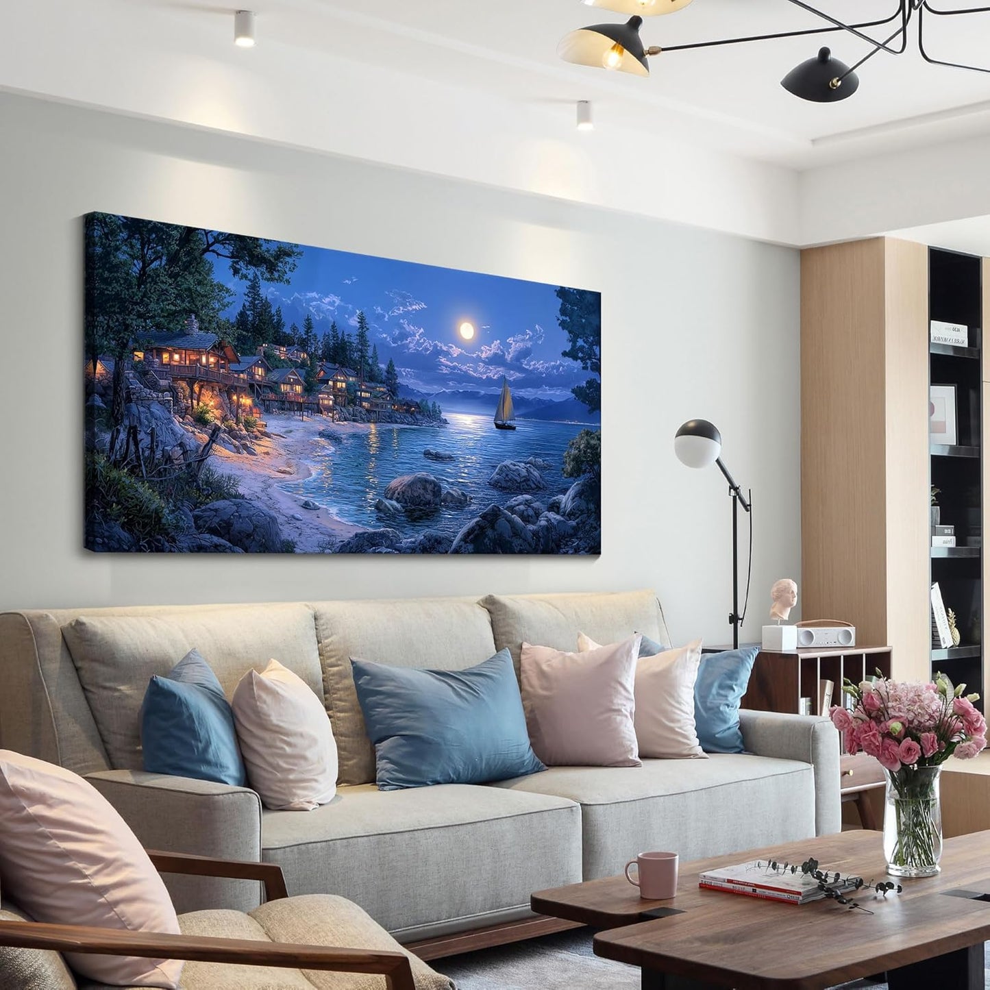 CHATYOUNG Beach Canvas Wall Art - Large 24x48 IN Dark Blue Ocean Town Calm Night View Moon Pictures Canvas Print Coastal Wall Paintings for Bedroom Living Room Kitchen Home Office Decor