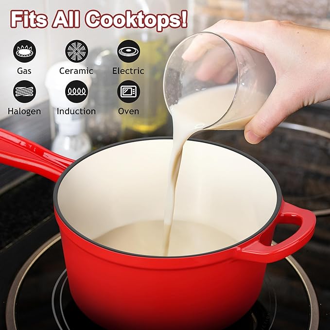 Enameled Cast Iron Sauce Pan, Leonyo 1 Qt & 2 Qt Saucepan Set, Cast Iron Dutch Oven Kitchen Small Pots for All Cooktops Cooking Pasta, Milk, Oatmeal - Up to 500°F & Nonstick, Red