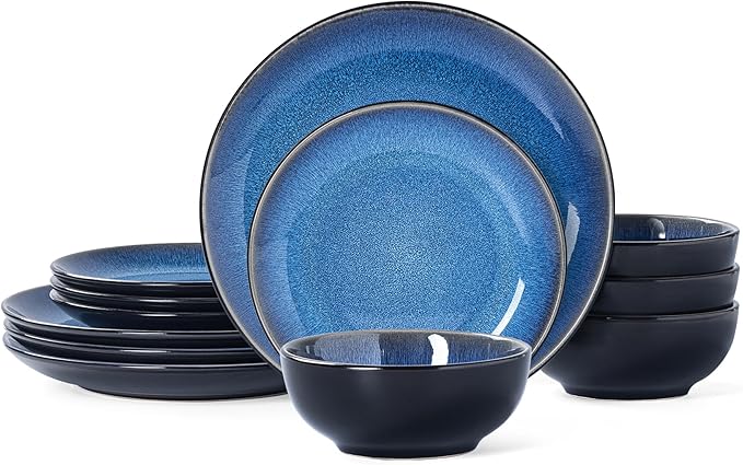 Plates and Bowls Sets for 4 - CJDC-QUELO 12-Piece Stoneware Dinnerware Sets, Ceramic Dishware Set for Kitchen Use and Formal Dining, Chip and Scratch Resistant Microwave Dishwasher Safe, Blue