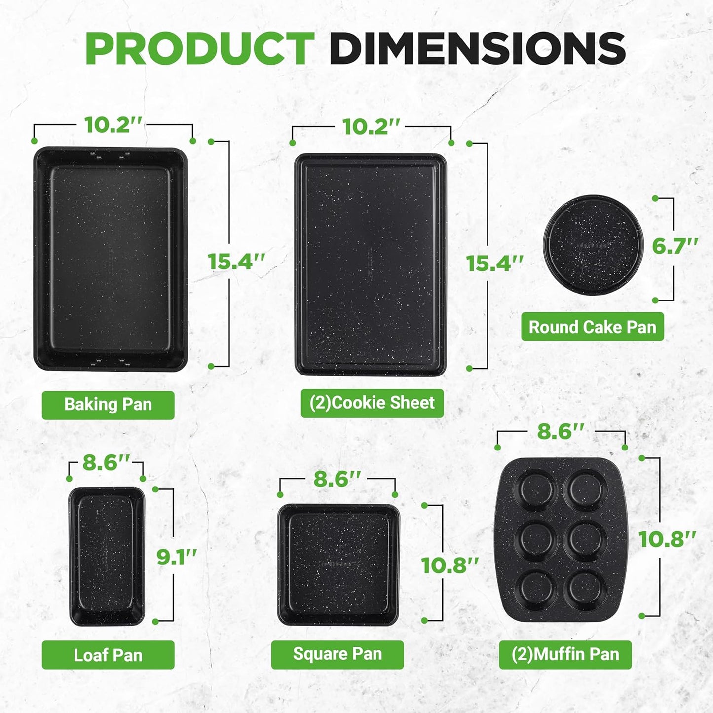 NutriChef 8-Piece Stackable Bakeware Set - Carbon Steel Non-Stick Baking Pan Set, Sheet, Muffin, Round, Loaf, Square Cake & Deep Pans, 450°F Heat Resistant, Standard & Convection Ovens (Black Marble)