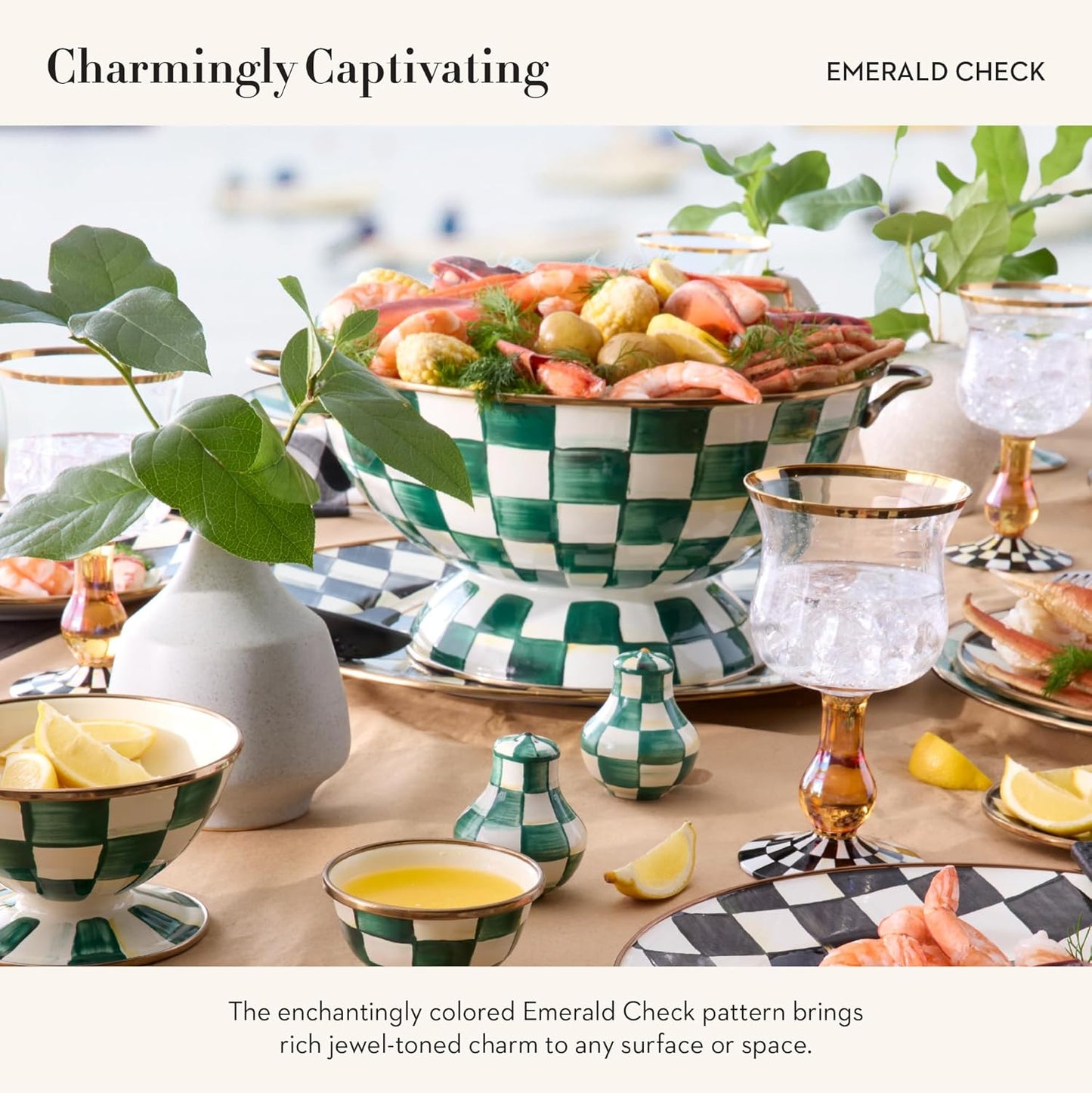 MACKENZIE-CHILDS Enamel Bowl, Serving Bowl for Entertaining, Everything Bowl, Green-and-White Emerald Check