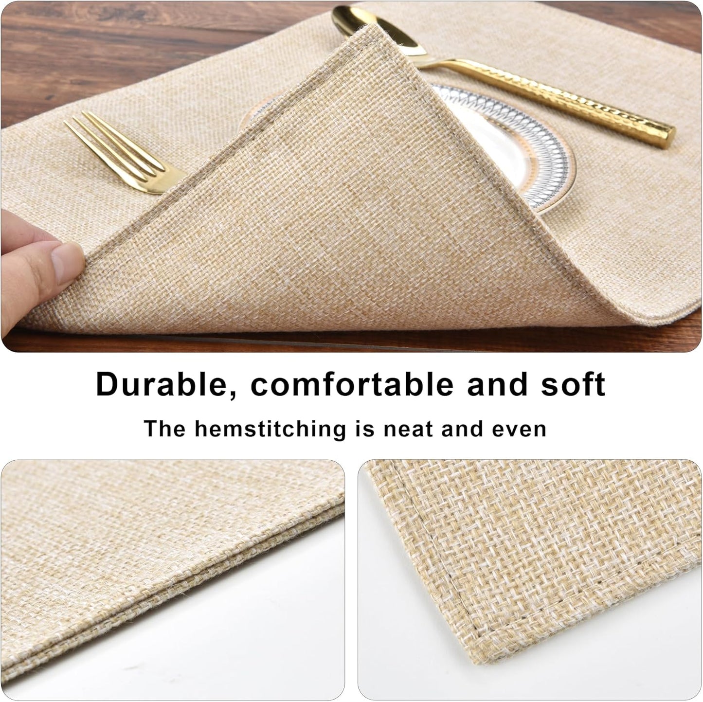SLKQG Linen-Look Placemats Set of 6, Heat Resistant & Machine Washable Double-Layered Cloth Placemats for Dining Table, Indoor/Outdoor Use, Wrinkle-Free and Non-Slip Kitchen Table Mats (6, Beige)