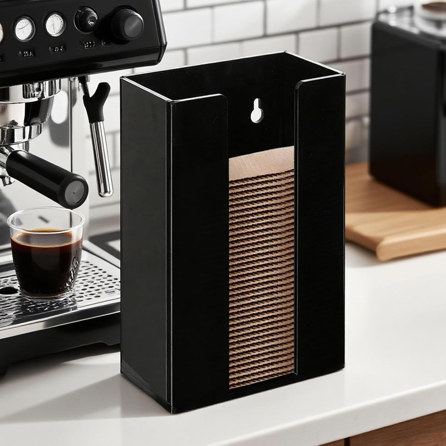 Coffee Cup Sleeve Organizer Rack-Acrylic Collar Holder Storage for Disposable Kraft Paper Cup Sleeves,Coffee Shop/Home/Kitchen Organization,Countertop or Wall Mount(Black)