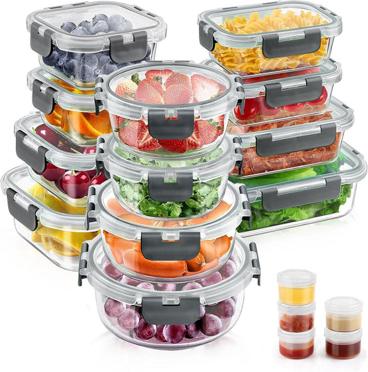 34pcs Glass Food Storage Containers with Lids Set, Airtight Glass Meal Prep Containers (17 Containers & 17 Lids), Leak Proof Lunch Container BPA-Free, Microwave, Oven, Freezer, Dishwasher Safe-Grey