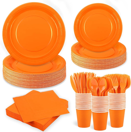 durony 350 Pieces Orange Paper Plates and Napkins 7/9 Inch Disposable Dessert Plates Sever 50 Guests Cup Cutlery Napkins Solid Color Party Supplies for Birthday Wedding Party Family Picnic
