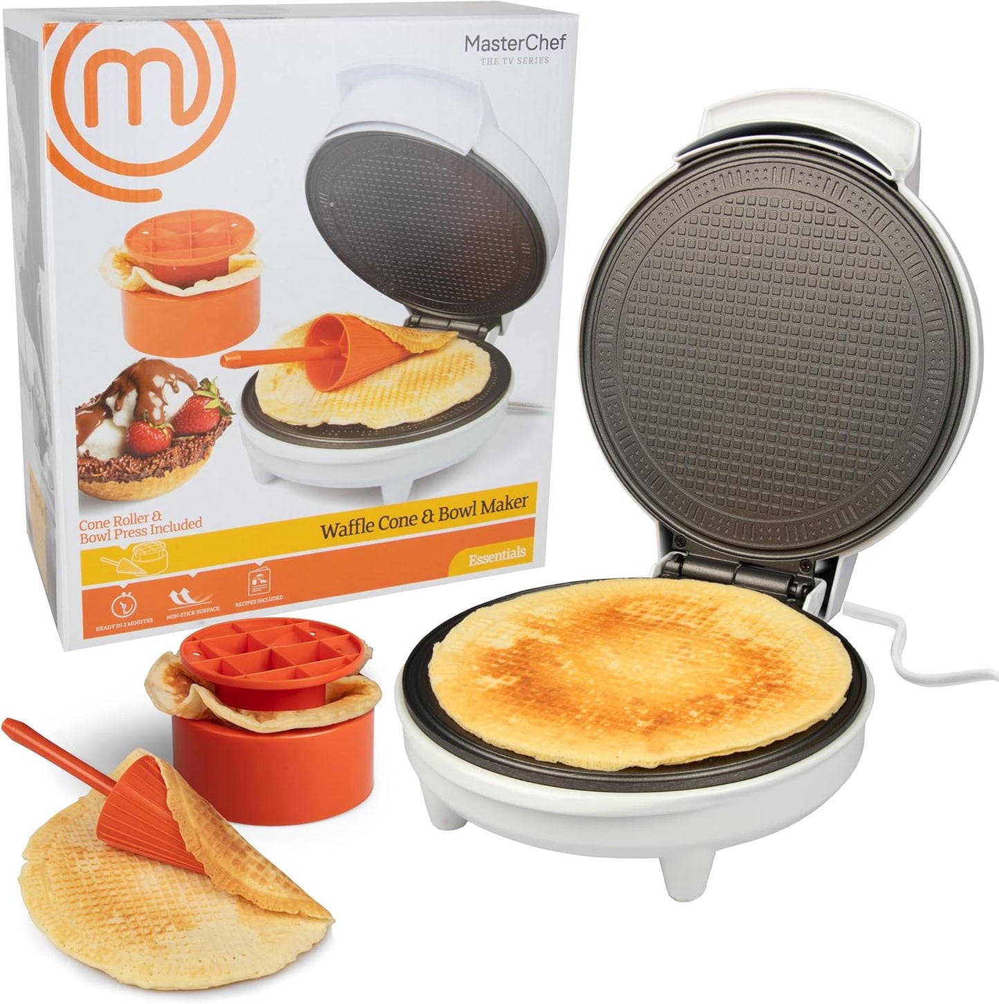 MasterChef Waffle Cone and Bowl Maker- Includes Shaper Roller & Bowl Press- Homemade Ice Cream Cone Treat Baking, Cookie Iron Machine, Portable Electric Kitchen Appliance for DIY Sundae Parties, Gift