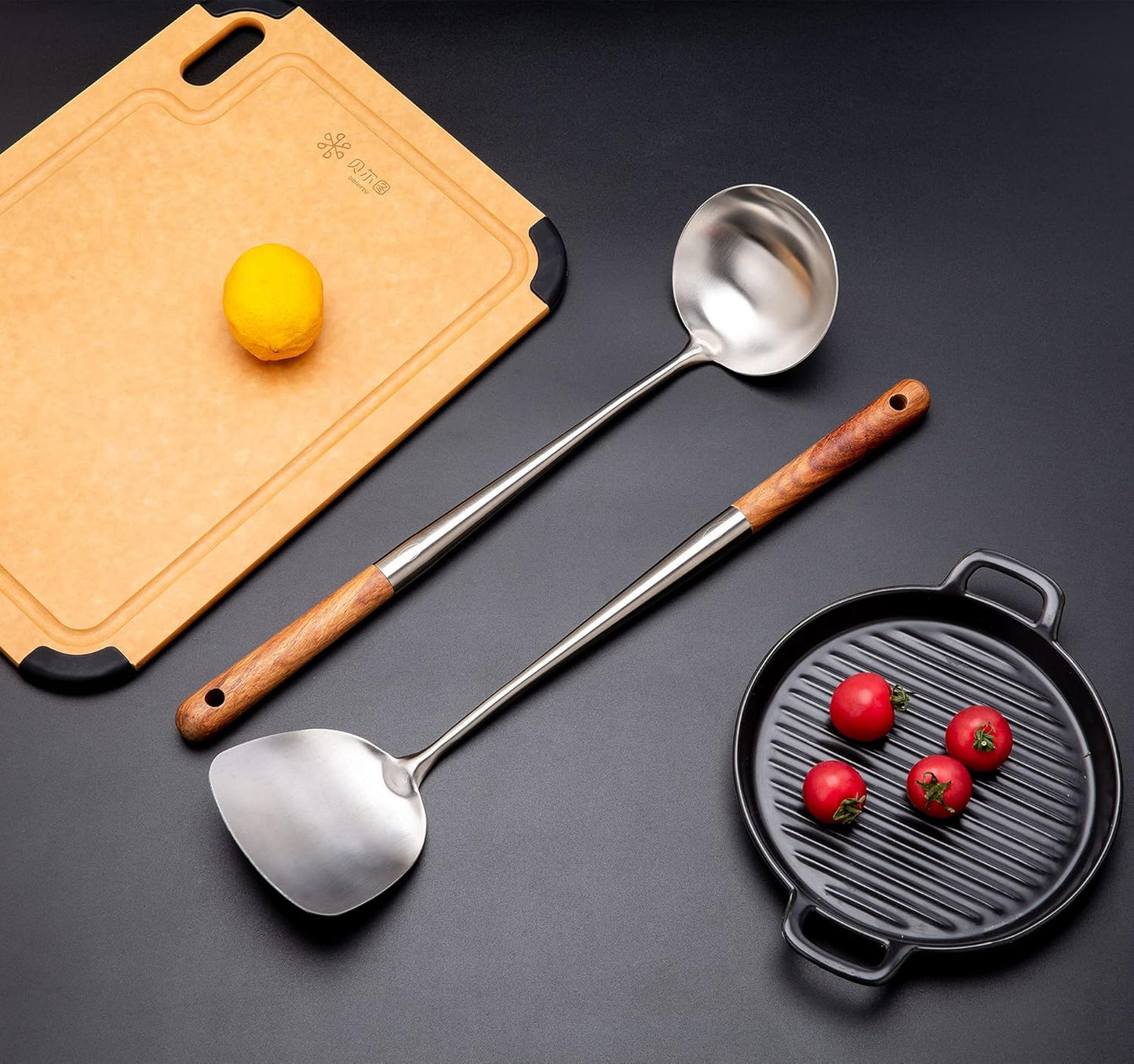 FJNATINH Soup Ladle, 17inches Ladle for wok, 304 Stainless Steel Soup Spoon Cooking Spoon for Kitchen with Wooden Handle