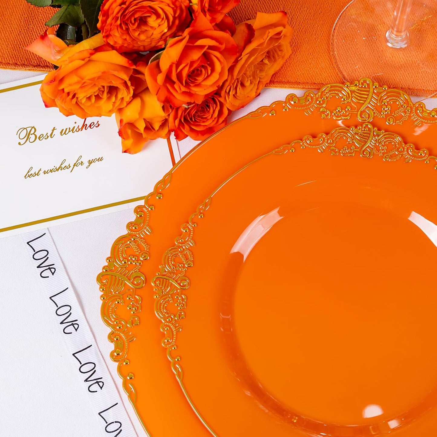102PCS Orange Plastic Plates - Orange and Gold Disposable Plates - Party Plate with Gold Rim - Vintage Disposable Plate Serving for 51Guests for Thanksgiving & Halloween Party