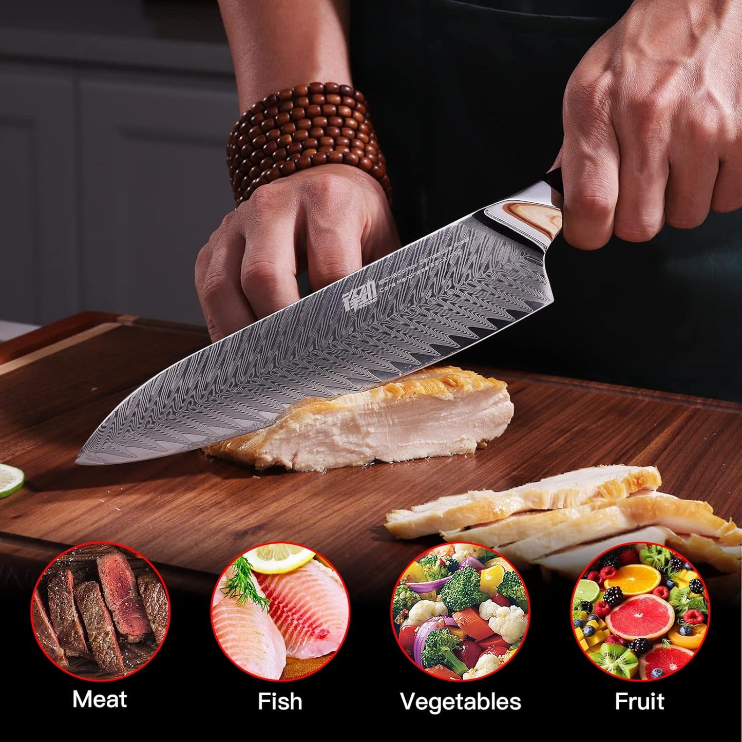 FINDKING Nebula Series Chef Knife with ABS Sheath, Multipurpose Japanese Gyuto Knife, 10Cr15CoMov Damascus Steel Blade, Resin and Figured Sycamore wood Handle, Full Tang, 8 Inch, Red, for Meat