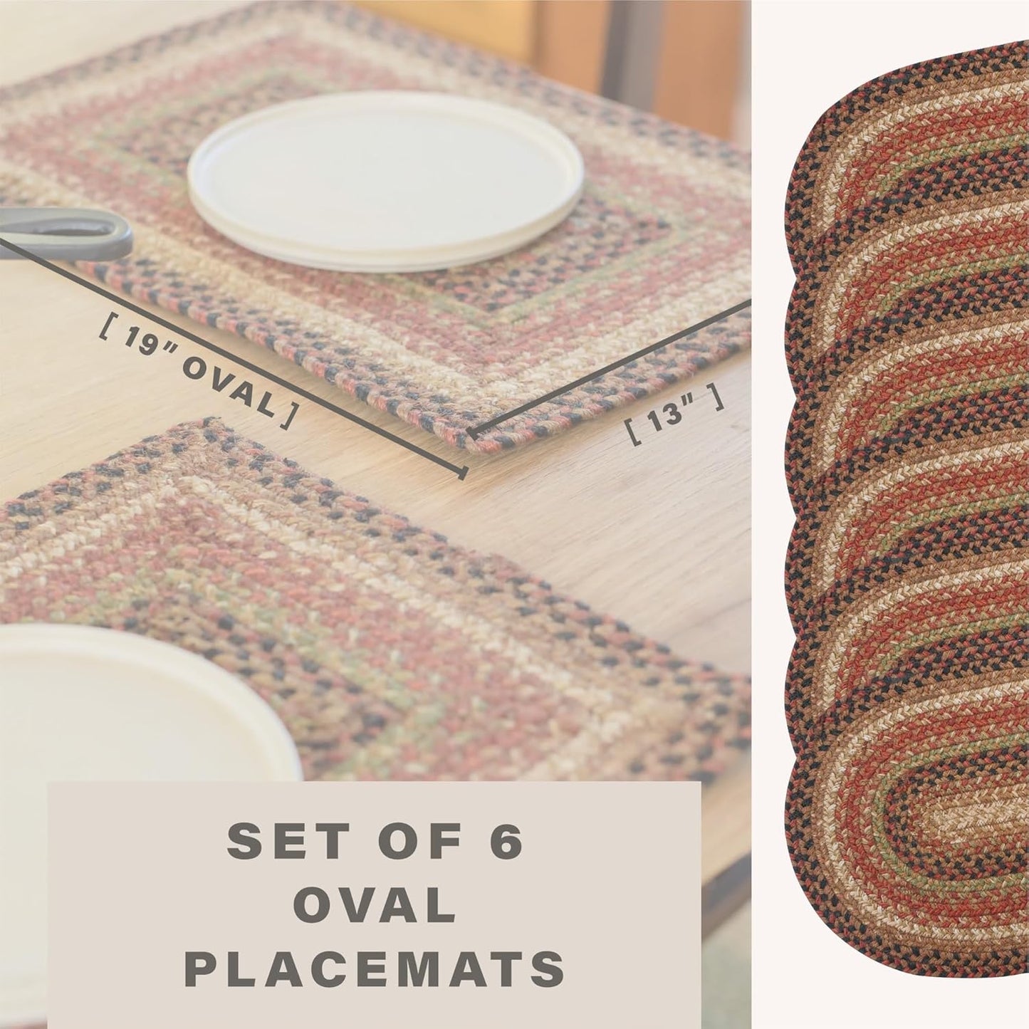 Homespice Gingerbread Jute Braided Oval Placemats, Warm Country Decor, Set of 6, 13x19 Brown Table Mats - Vibrant Colors, Durable, Easy to Clean and Protects Furniture