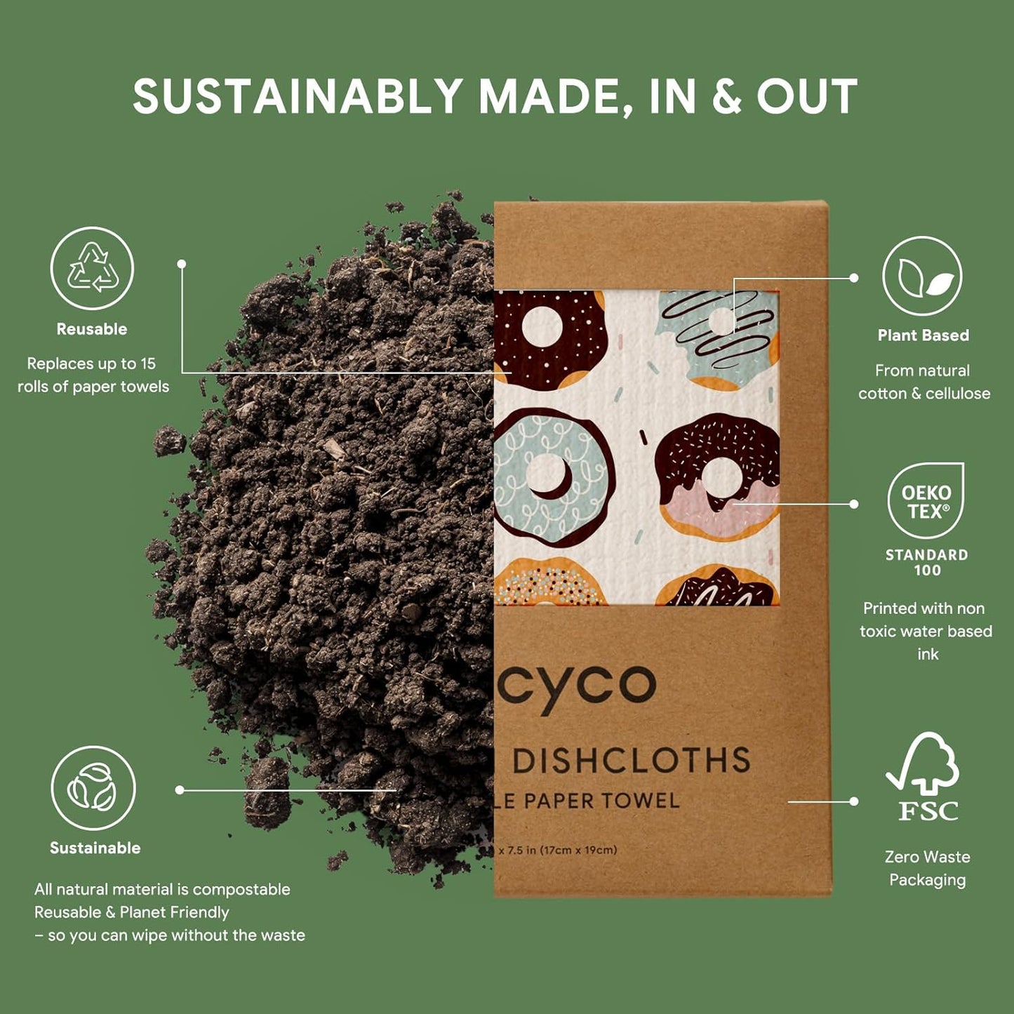 RECYCO Swedish Dishcloths for Kitchen | 6 Pack Sugar Rush Washable Dish Rags | Cellulose Reusable Cleaning Paper Towels | Absorbent Counter Dish Cloth Sponge Kitchen Wipes, 8" L x 7" W