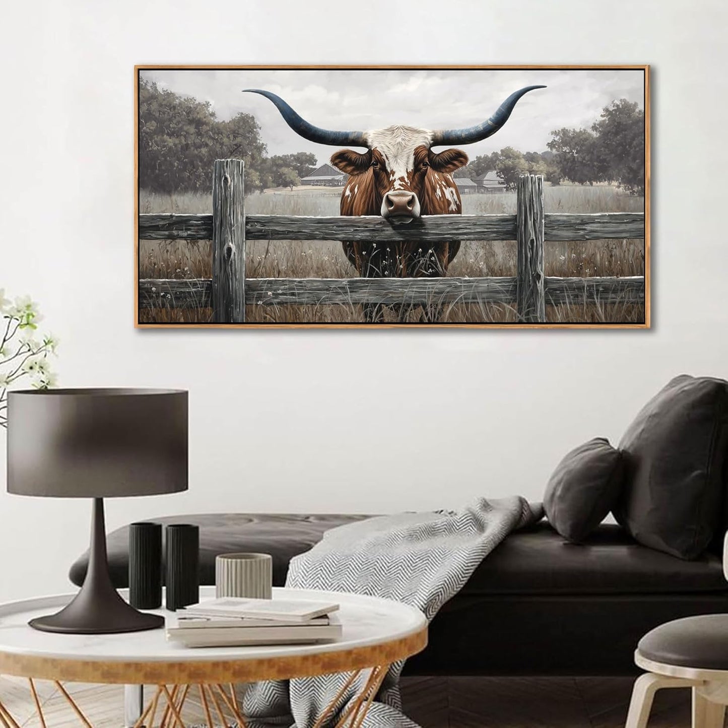 Highland Cow Wall Art - Rustic Farmhouse Wall Art for Country Wall Decor, Vintage Artwork for Walls, Framed Pictures for Living Room, Large Canvas Painting for Bedroom Above Bed 24×48IN