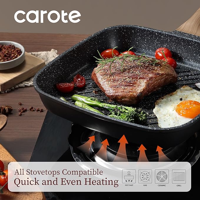 CAROTE 11 Inch Nonstick Grill Pan for Steak - Premium Granite Nonstick Coating, Square Grill Skillet, Indoor Outdoor RV Camping Use, Gas & Induction Safe, All Stovetops Compatible, PFOA Free, Black