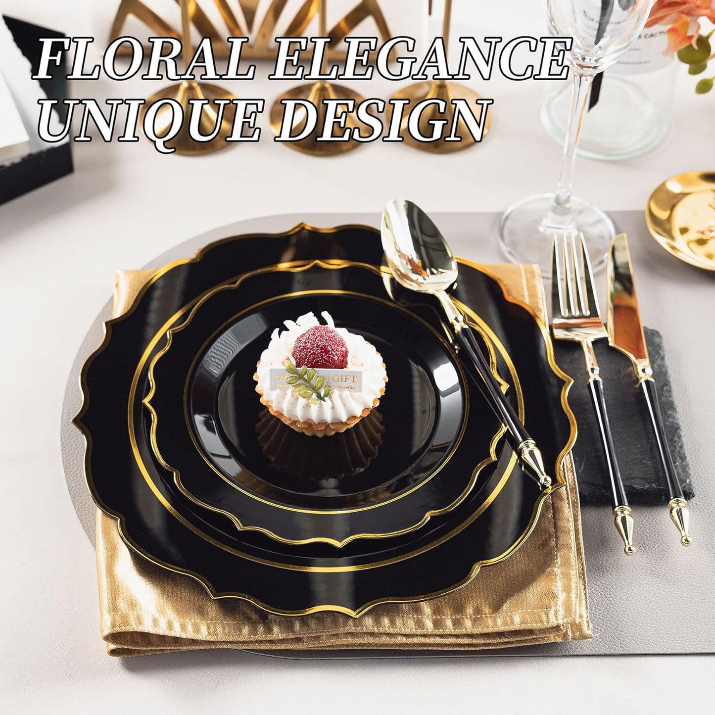 120PCS Black Plastic Plates, Disposable Elegant Party Plate with Gold Rim, Heavy Duty 60 Dinner and 60 Dessert Fancy Plates for Party and Wedding