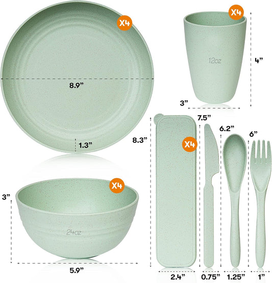 Wheat Straw Dinnerware Sets | Unbreakable Dinnerware Sets | Dishwasher Microwave Safe Dinnerware | Eco Friendly Non Breakable Dinnerware Sets | RV Outdoor Camping (Green, Service for 4 (28 pcs))