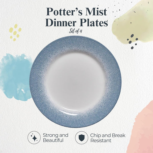 Portmeirion Potter's Mist Dinner Plate (Set of 4) - 10.5-Inch Stackable Earthenware Plates - Microwave & Dishwasher Safe, Handcrafted Dinnerware for Casual & Formal Table Settings (Blue Mist)