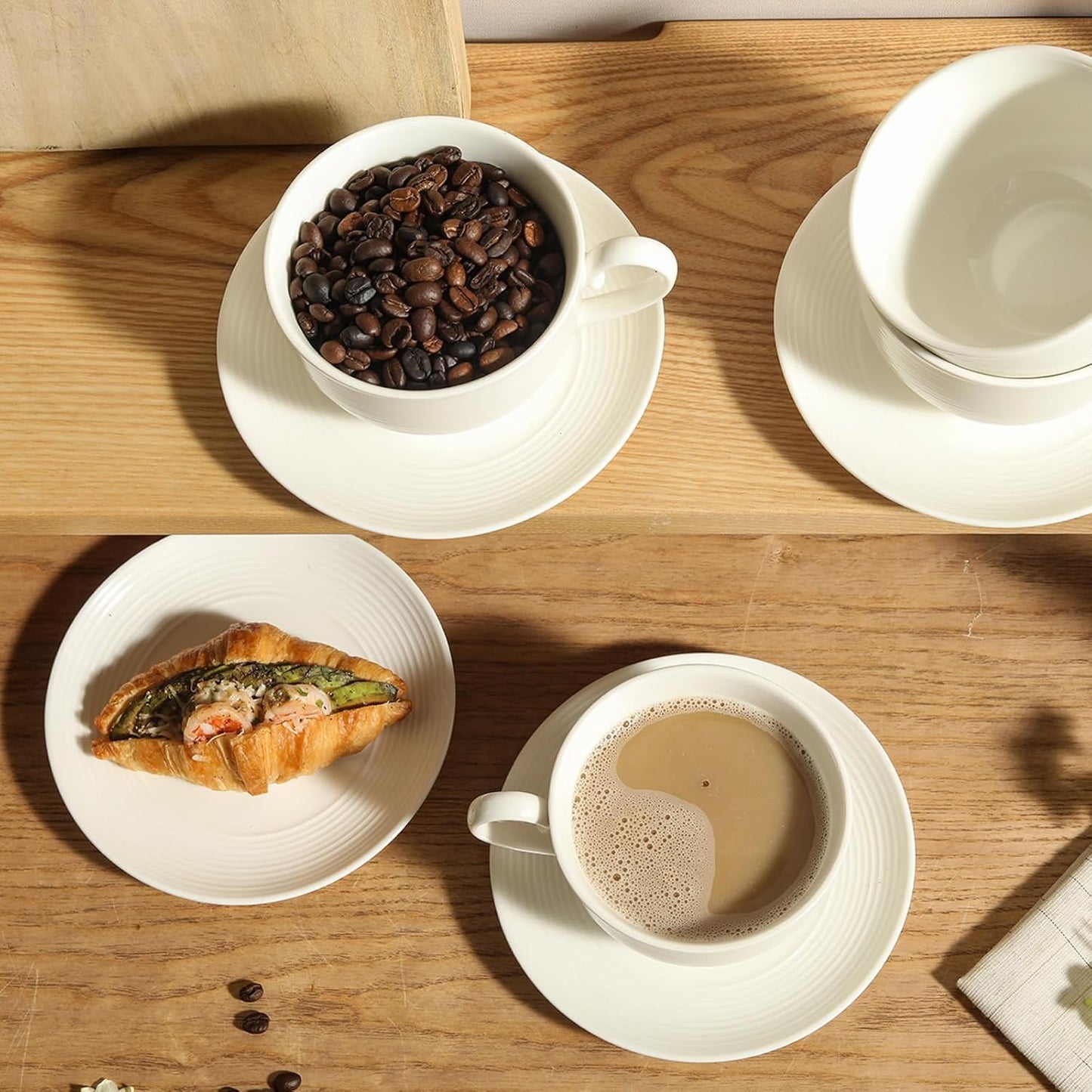 10OZ Porcelain Cappuccino Cups with Saucers, Ceramic Espresso Cups Set, White Coffee Cup and Saucer, White Tea Cup Set, Dishwasher & Microwave Safe, Gift for Anniversary or Housewarming (4PCS) ﻿