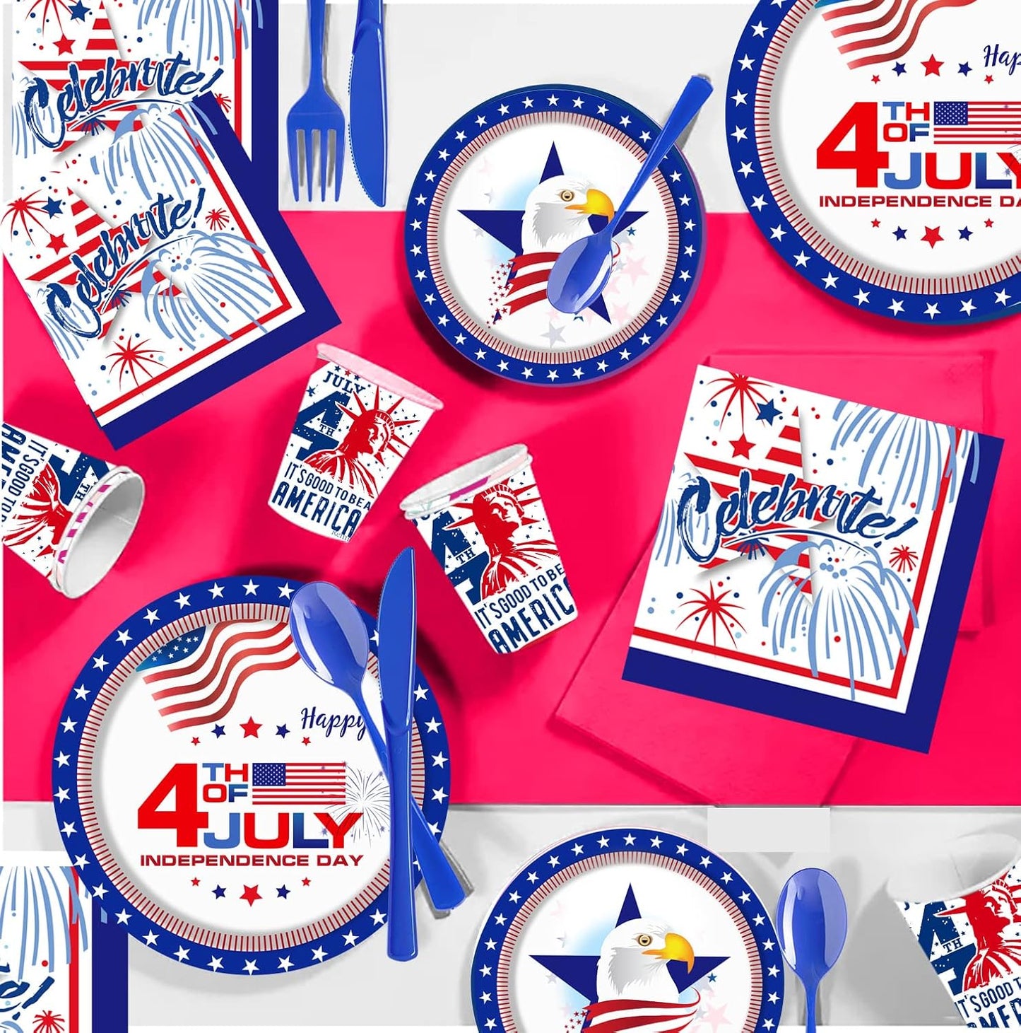 4th of July Party favor Tableware Set, 25 Set American Flag Disposable Dinnerware Set - Patriotic Party Supply - Red Blue White Plates Napkins Cups, Forks Spoons for Independence Memorial Day