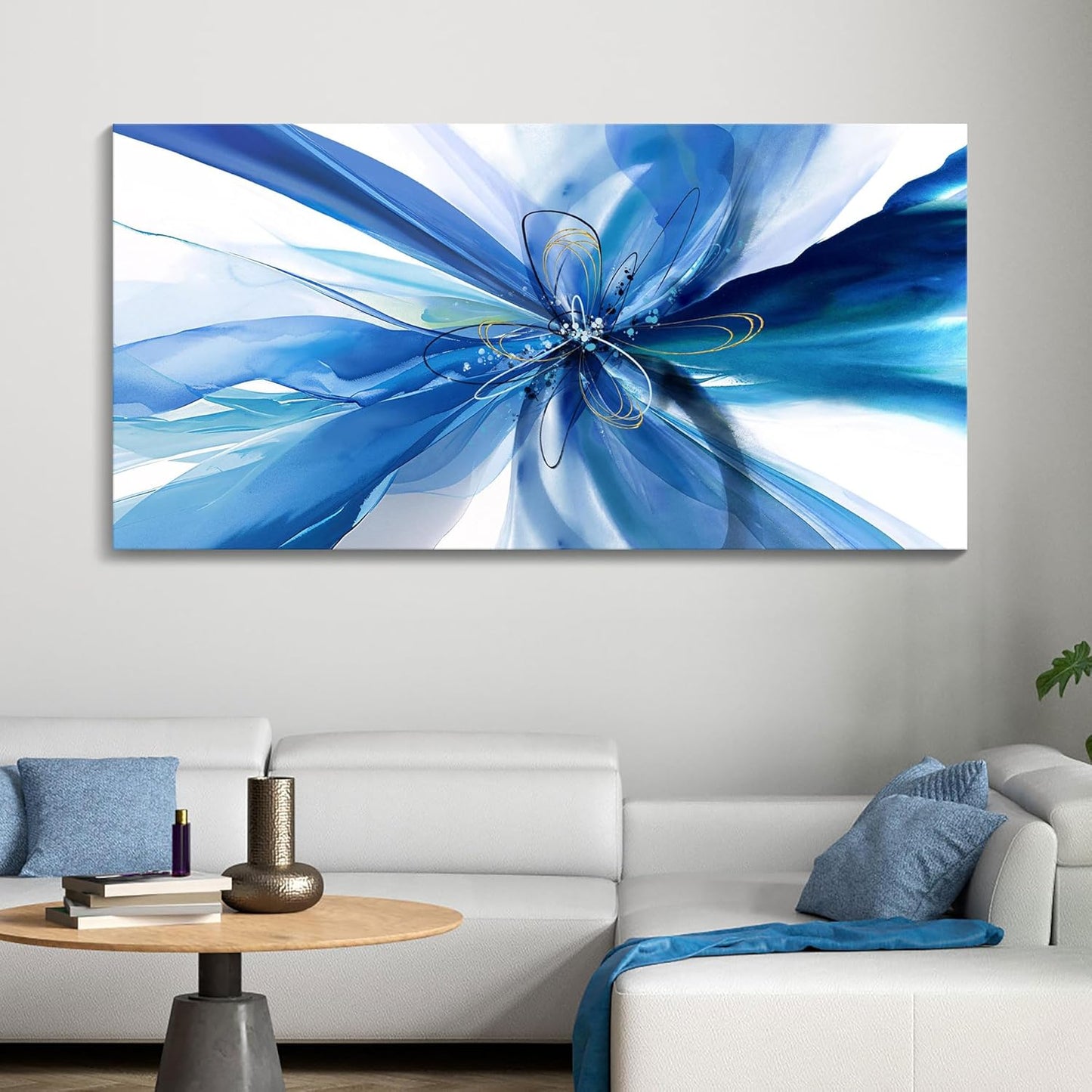 HKDGOKA Large Canvas Wall Art - Blue White Abstrac Gradient Flower Modern Paintings Picture Prints Ready to Hang Living Room Bedroom Dining Room Office Hallway Home Decor 29x58 IN