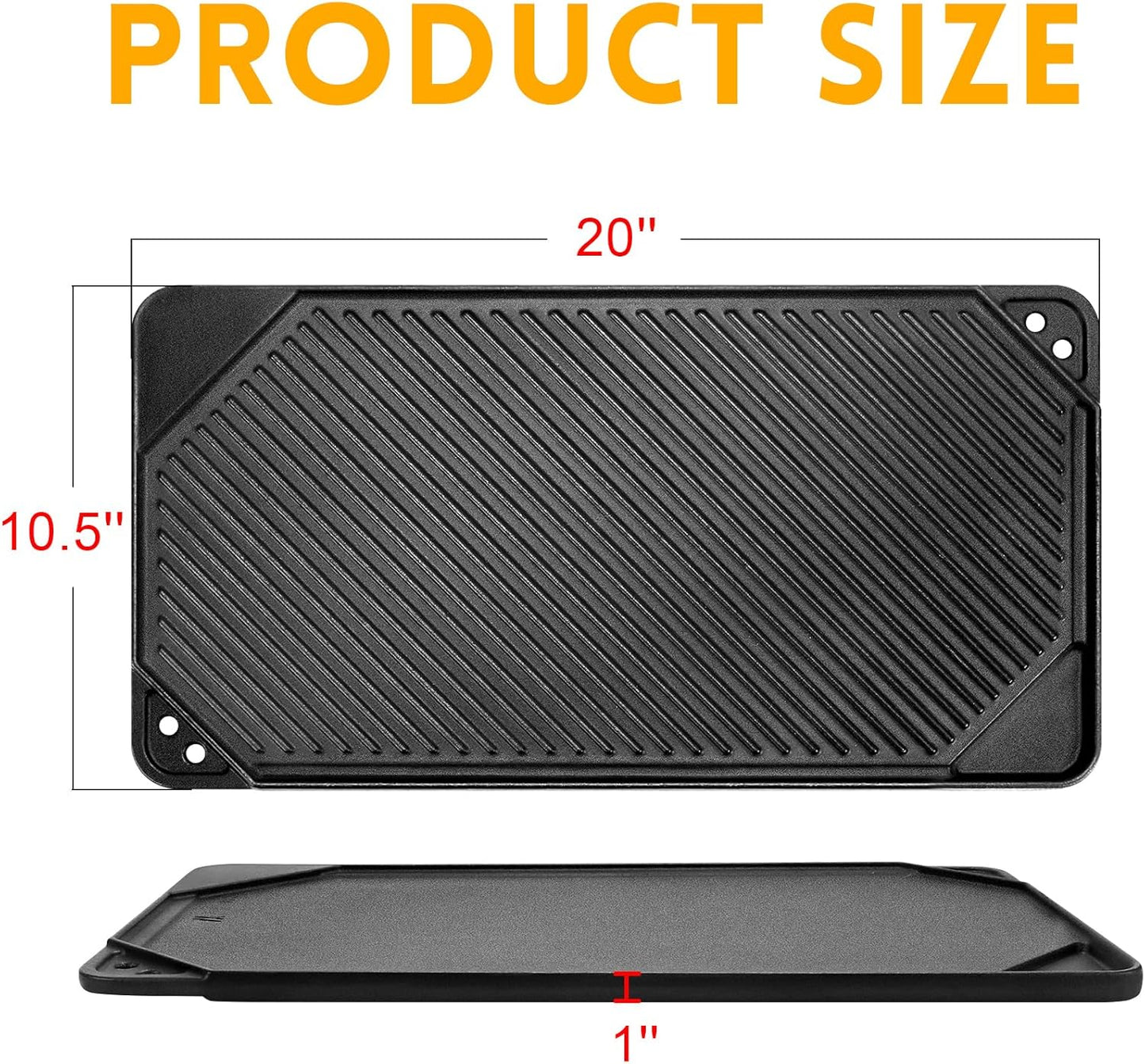 GGC Cast Iron Reversible Griddle, Double-sided Griddle pan for Indoor and Outdoor Cooking, 20 x 10.5 Baking Flat and Ribbed Griddle Plate for Stove Tops, Gas Grills and Camping