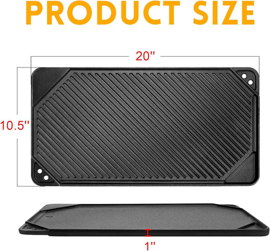 GGC Cast Iron Reversible Griddle, Double-sided Griddle pan for Indoor and Outdoor Cooking, 20 x 10.5 Baking Flat and Ribbed Griddle Plate for Stove Tops, Gas Grills and Camping