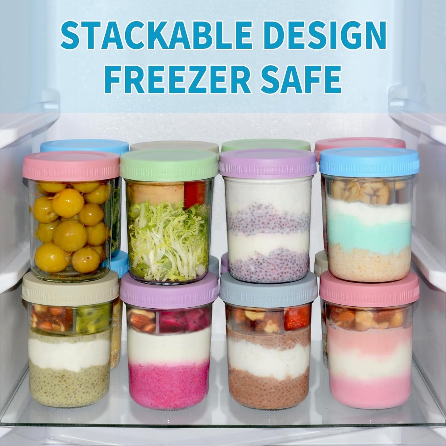 16 oz Overnight Oats Containers with Airtight Lids - 2-Pack Leak-Proof Wide Mouth Mason Jars & Divided Cups for Dried and Wet Foods, Glass Jars for Chia Pudding, Salad, Snacks, and Yogurt