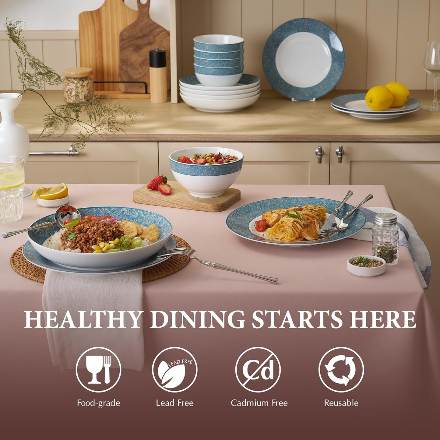 Minh Long 12-PCS Porcelain Dinnerware Set, Plates, Bowls, Service for 4, Chip & Scratch Resistant, Oven Safe up to 482°F, Non toxic, Lead & Cadmium Free, Stackable, Dishwasher & Microwave Safe