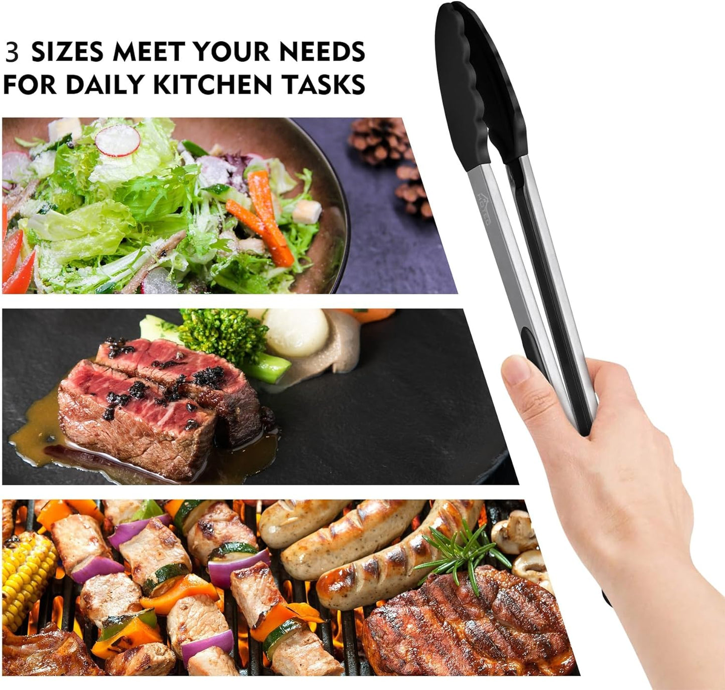 HOTEC Premium Stainless Steel Locking Kitchen Tongs with Silicon Tips, Heat Resistant Cooking Tongs Set of 3-7", 9" and 12" (Black)