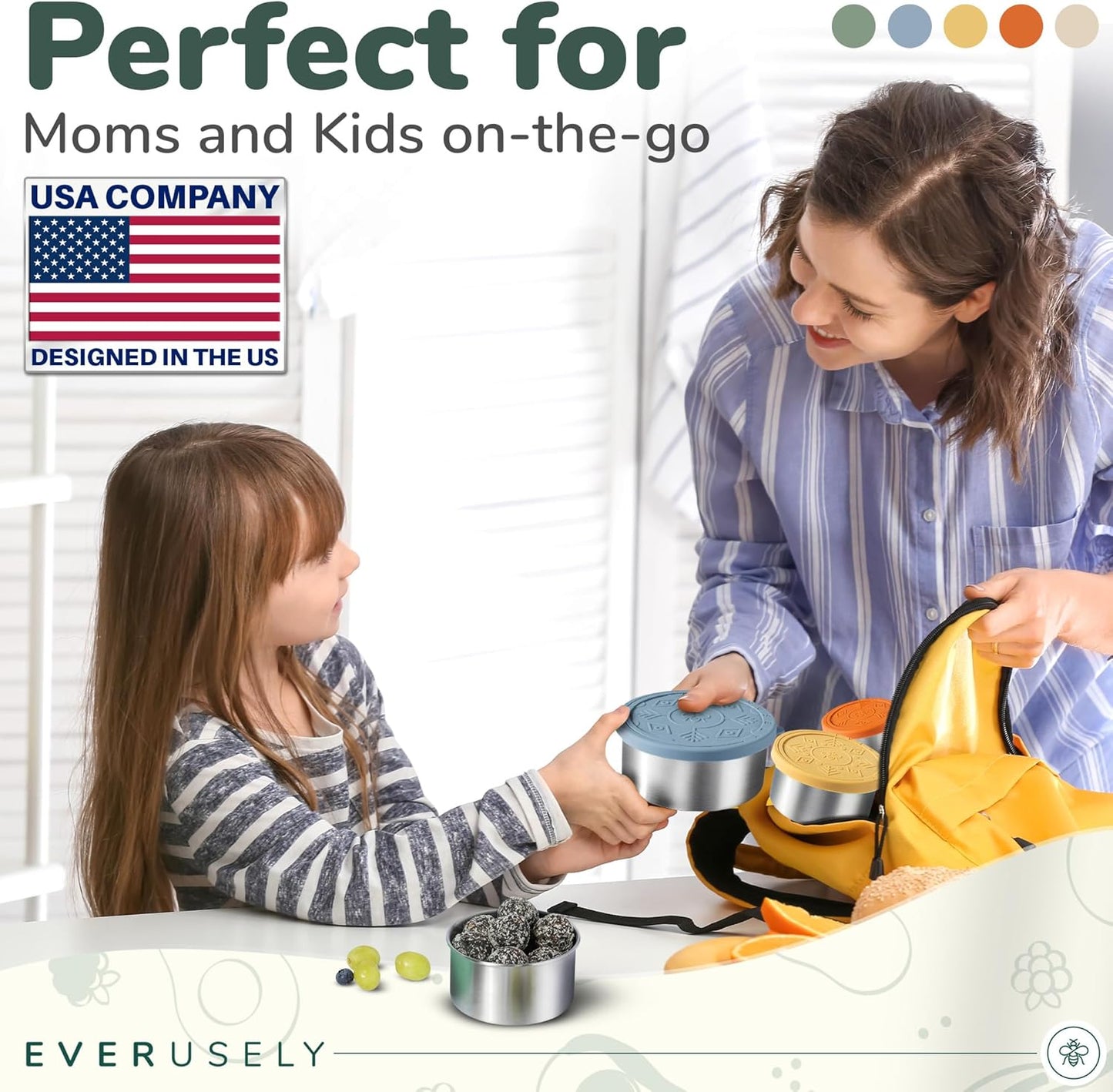 Everusely - Stainless Steel Containers with Lids - Set of 5, Muted Collection - Leakproof Stainless Steel Food Containers - Nesting Snack Holders - Metal Lunch Box - Portable & Reusable Meal Kit