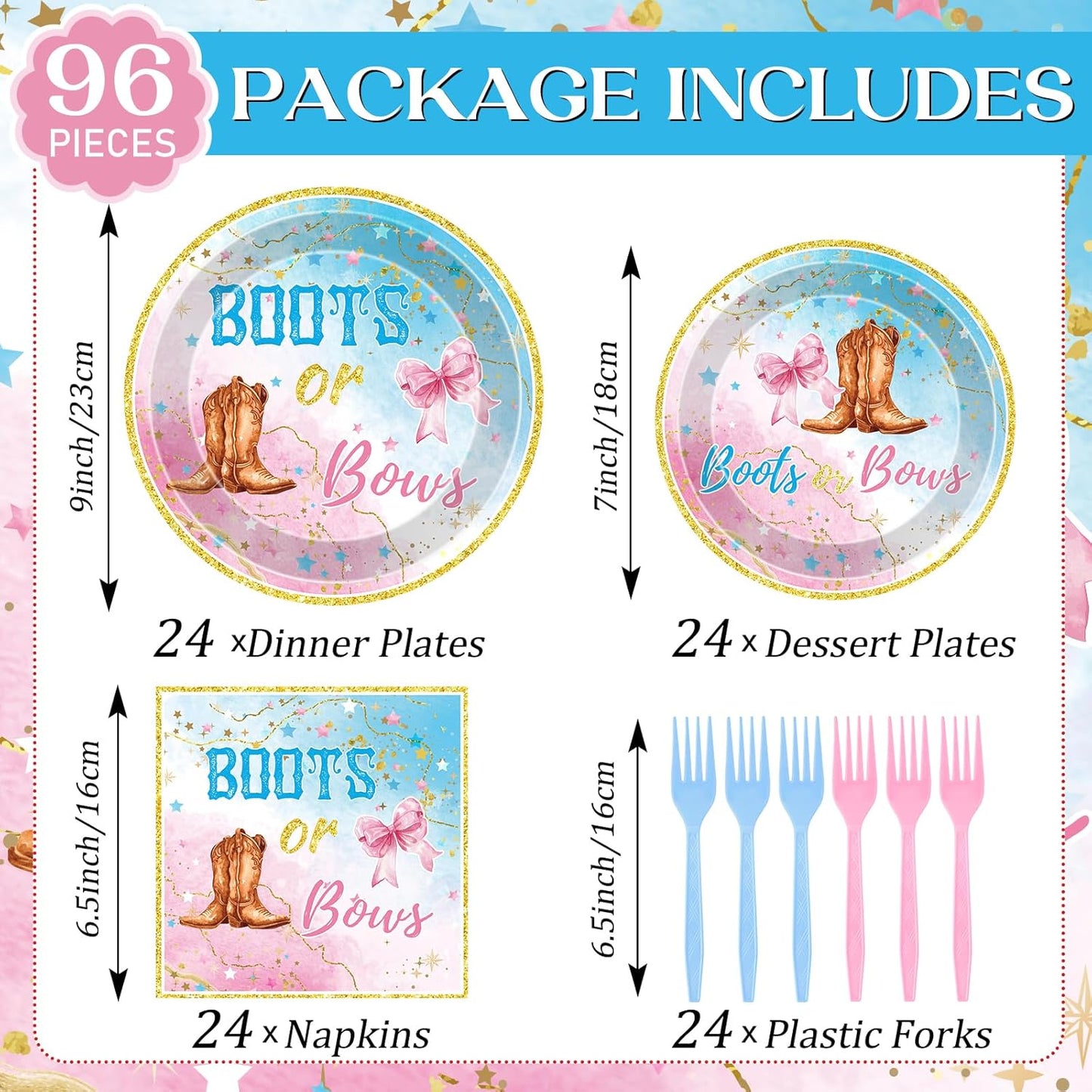 Boots or Bows Decorations - 96 Pcs Gender Reveal Party Plates Napkins Forks Tableware Set, Pink Blue Paper Disposable Party Supplies Decor Kit for Baby Shower Boy or Girl Serve 24 Guests