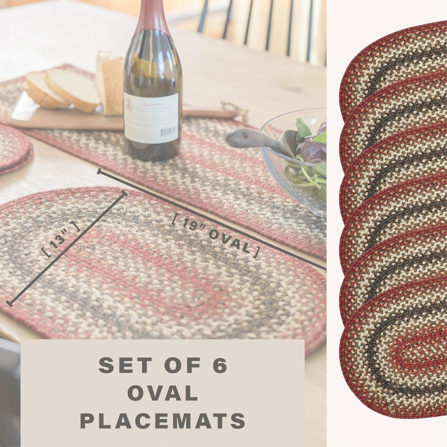 Homespice Chester Jute Braided Oval Placemats, Warm Lodge and Cabin Decor, Set of 6, 13x19 Red Table Mats - Vibrant Colors, Durable, Easy to Clean and Protects Furniture