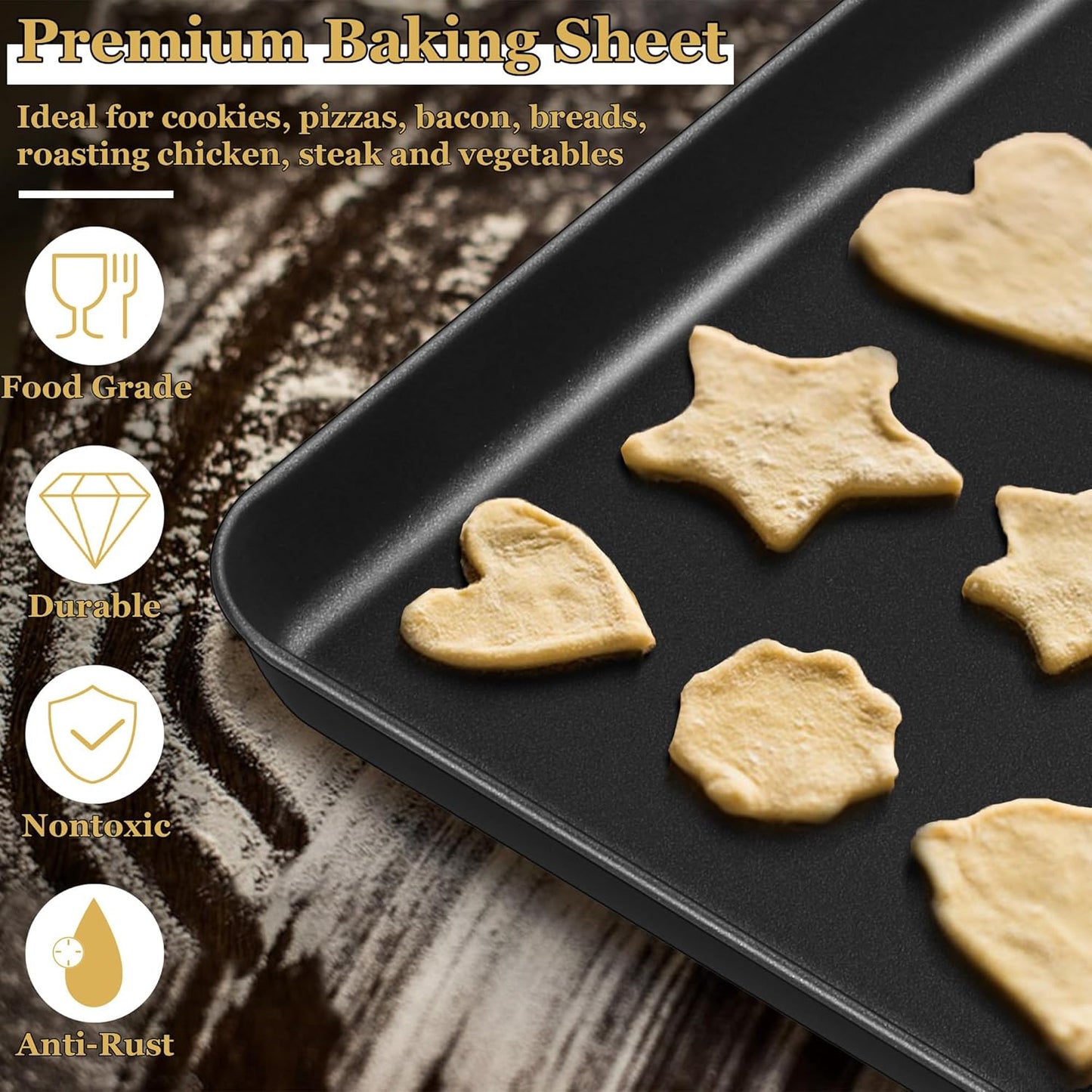 E-far 12.3x9.5x1 Inch Cookie Sheet for Baking, Nonstick Metal Oven Tray Pan for Cookies Jellyroll Cake, Nontoxic Rectangle Carbon Steel Baking Pan for Toaster Oven, Warp Resistant & Easy Clean