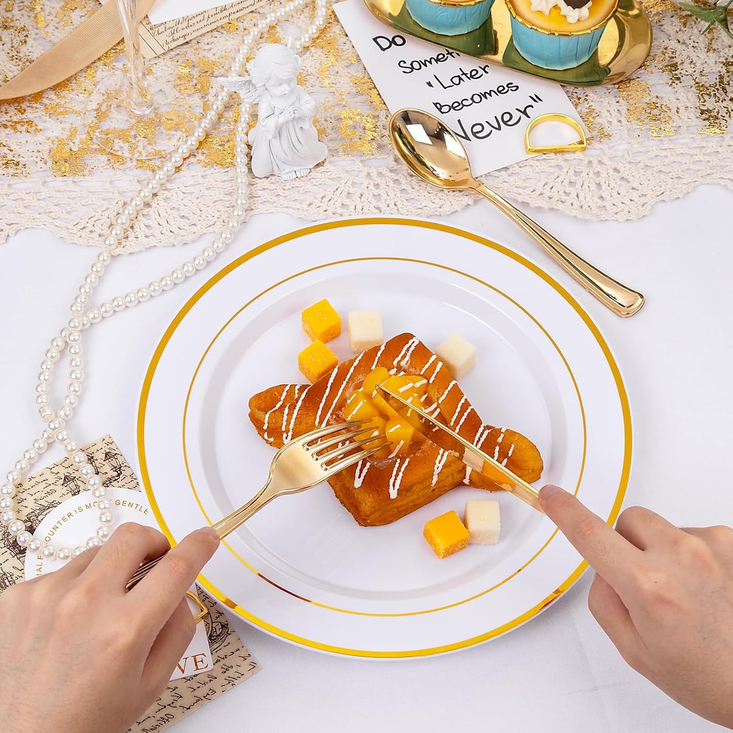 I00000 600 Pcs Gold Plastic Plates for 100 Guests.Disposable Plates for Party,Plastic Dinnerware Set of 100 Dinner Plates,100 Salad Plates,400 Gold Silverware Set(100 Spoons,100 Knives,200 Forks).