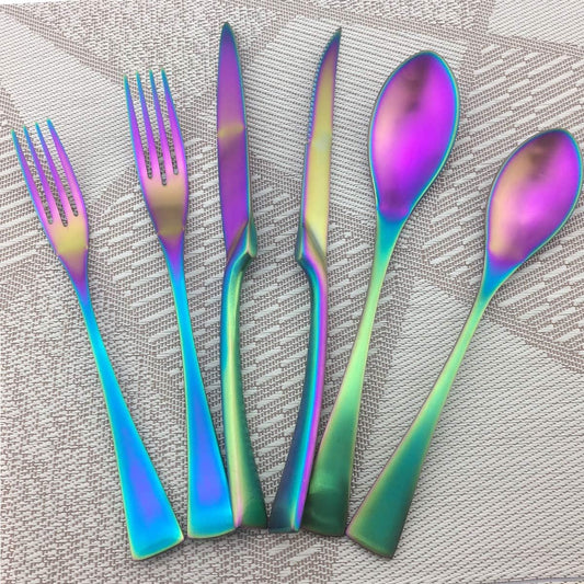 Rainbow Silverware Set, 6-Piece Stainless Steel Flatware Set Service for 1, Tableware Cutlery Set for Home and Restaurant, Knives Forks Spoons, Matte Finish, Dishwasher Safe (Rainbow)