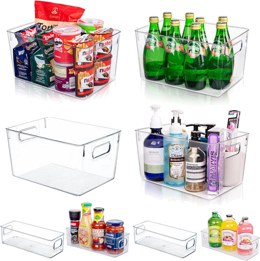 Clear Plastic Storage Bins-8 Pcs Pantry Organizers and Storage Containers with 4 Large (11"x8"x6") and 4 Small Snack Containers, Home Organization for Bathroom, Kitchen, Closet and Office